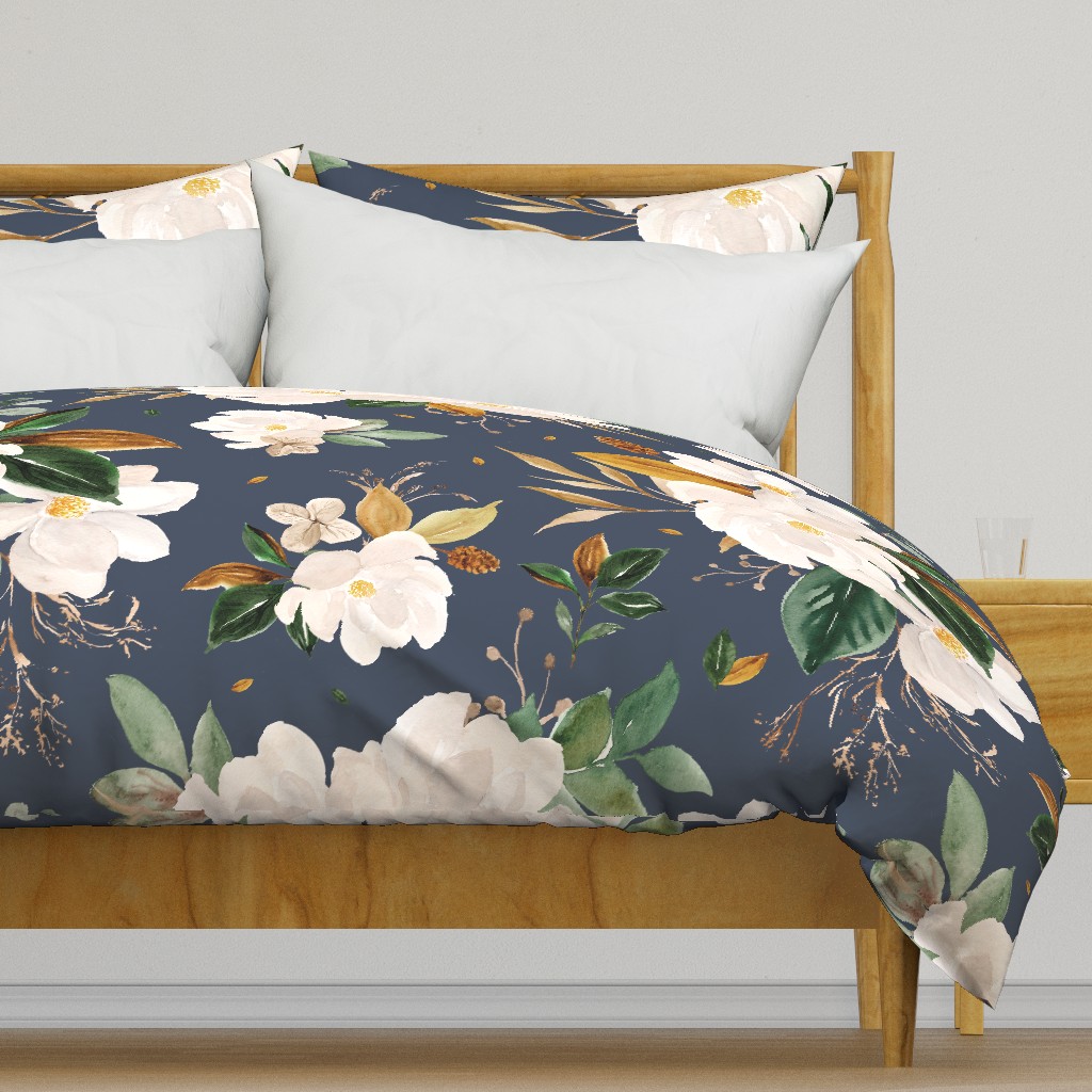 gold magnolia floral on navy background - oversized