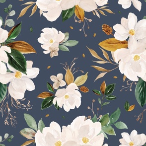 gold magnolia floral on navy background - oversized