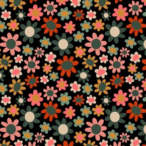 Multicolored flowers, black medium