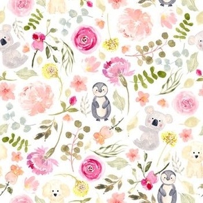 Koalas, Penguins and puppies Watercolor floral