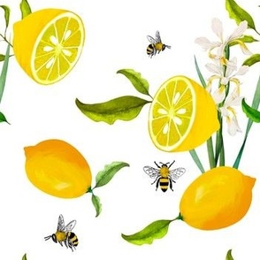 Summer,bees,citrus ,floral Mediterranean style ,lemon fruit pattern 