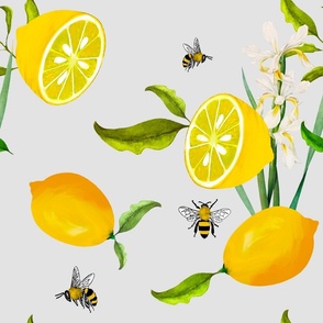 Summer,bees,citrus ,floral Mediterranean style ,lemon fruit pattern 