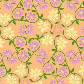 Purple and Pale Yellow Hexagon Flower Vines on Light Orange