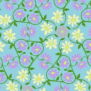 Purple and Pale Yellow Hexagon Flower Vines on Turquoise Blue