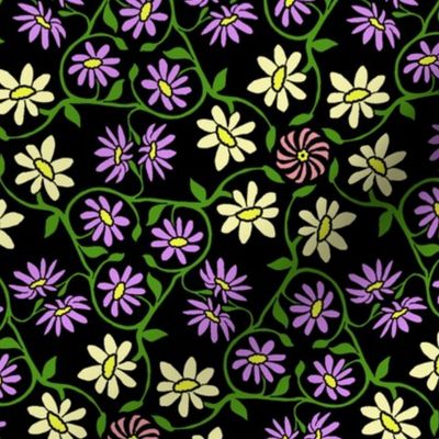 Purple and Pale Yellow Hexagon Flower Vines on Black