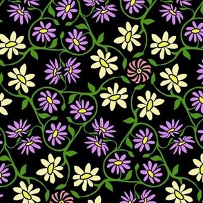 Purple and Pale Yellow Hexagon Flower Vines on Black
