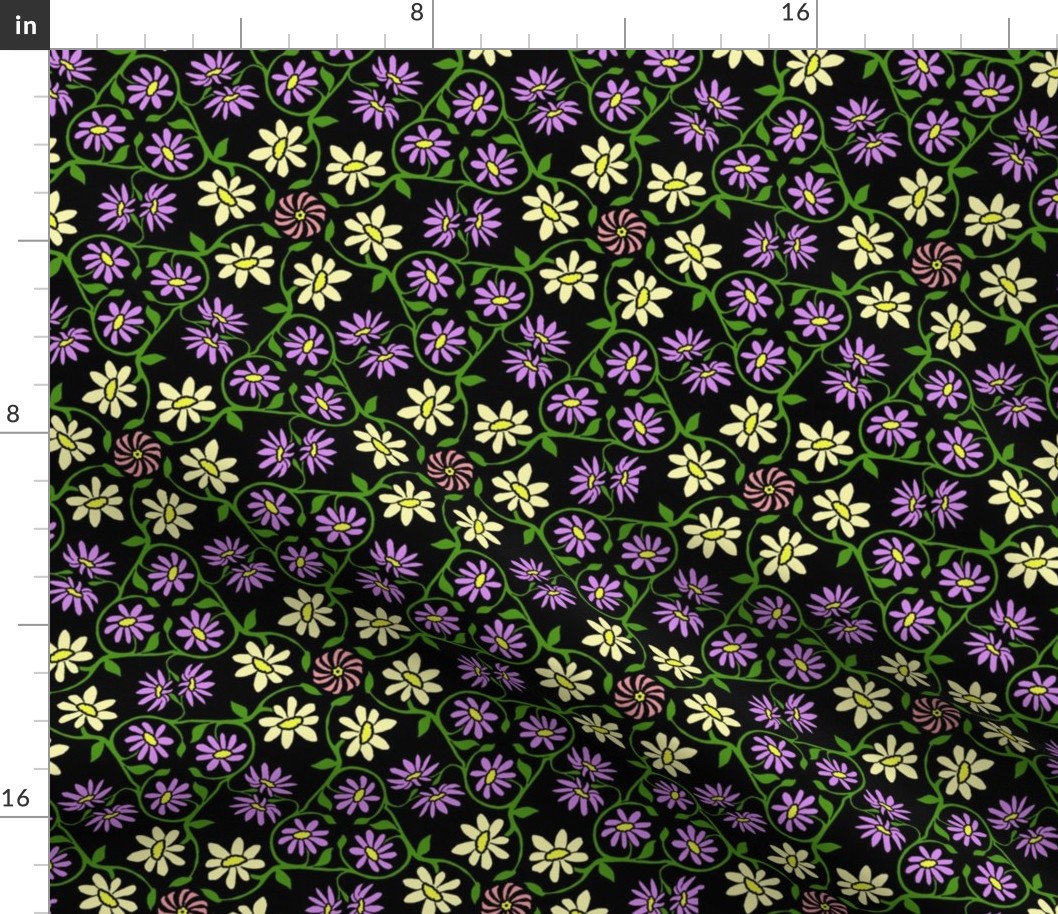 Purple and Pale Yellow Hexagon Flower Vines on Black