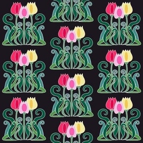 Art nouveau tulips on black