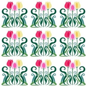 Art Nouveau multicoloured tulips on white