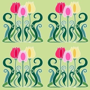 Art Nouveau multicoloured tulips on green