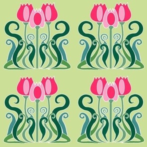 Art nouveau tulips on green