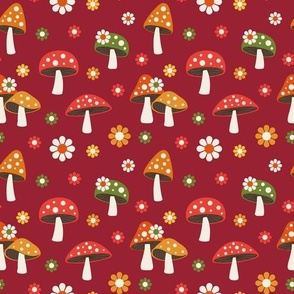 (M Scale) Woodland Mushrooms and Daisies on Red