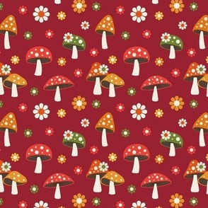 (S Scale) Woodland Mushrooms and Daisies on Red