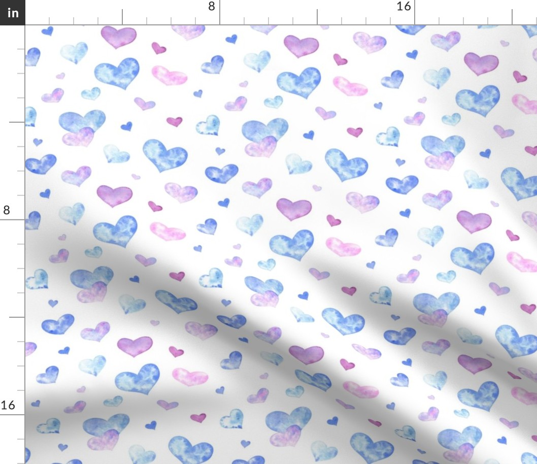 Blue and purple watercolor hearts on white