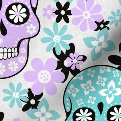 Large Scale Day of the Dead Halloween Sugar Skulls Pastel Aqua Blue and Lavender Floral Dia de los Muertos 