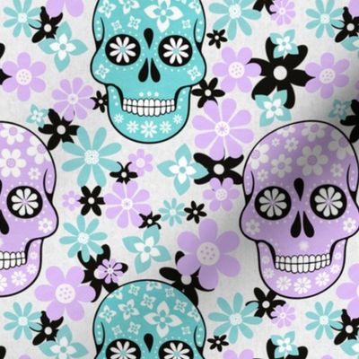 Medium Scale Day of the Dead Halloween Sugar Skulls Pastel Aqua Blue and Lavender Floral Dia de los Muertos 