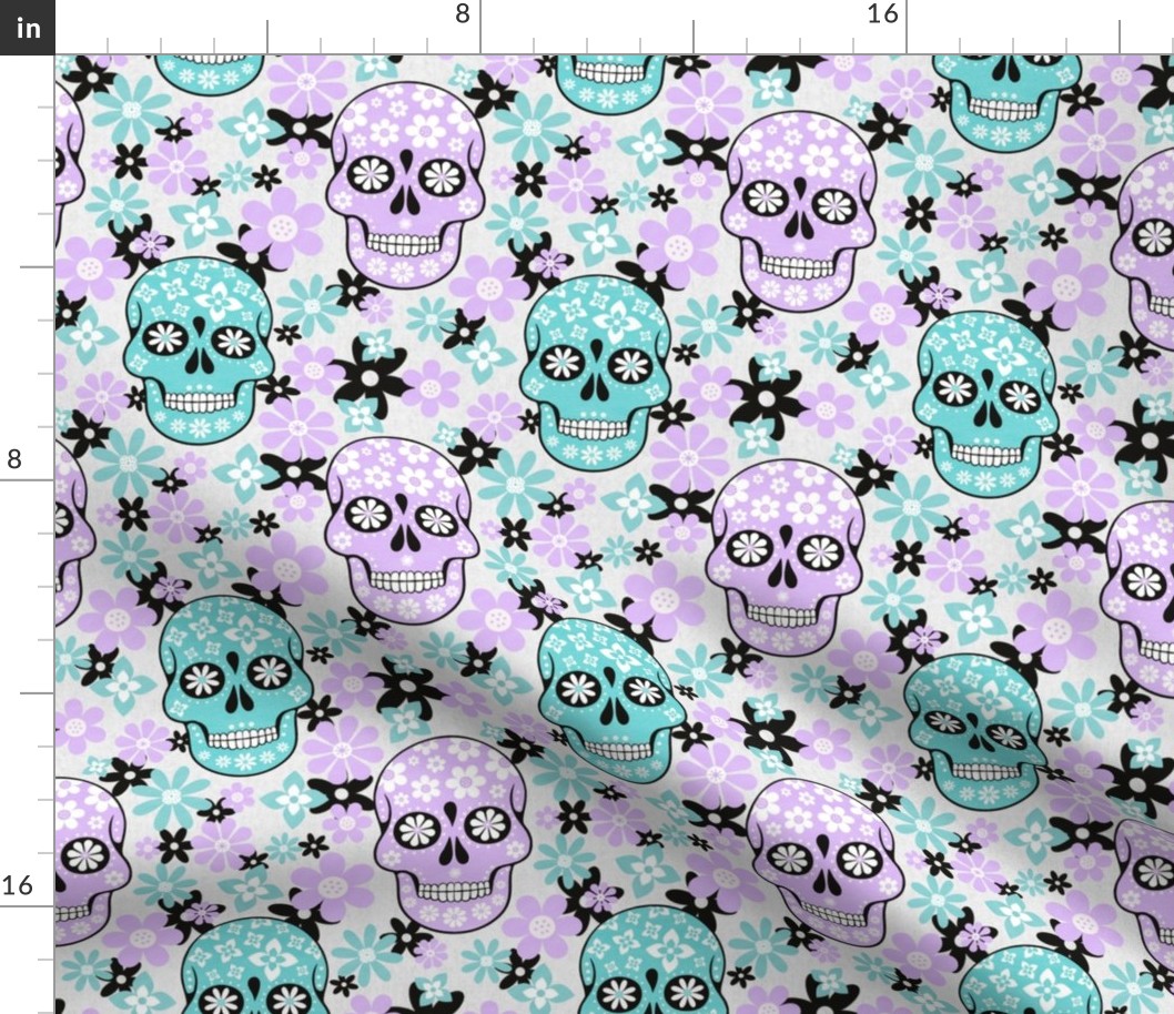 Medium Scale Day of the Dead Halloween Sugar Skulls Pastel Aqua Blue and Lavender Floral Dia de los Muertos 