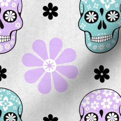 Large Scale Day of the Dead Halloween Sugar Skulls Pastel Aqua Blue and Lavender Floral Dia de los Muertos