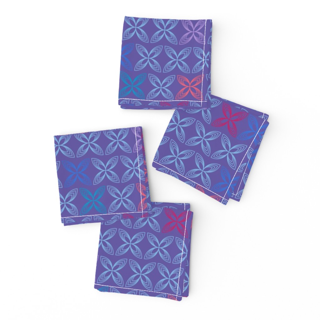 Kiss line flowers - blue & coral on purple