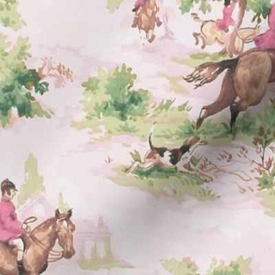 Pink Red Tally Ho Equestrian Fox Hunt Toile