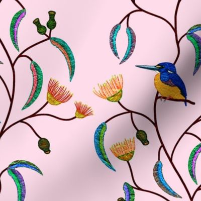 Chateau Chinoiserie, Glass Window (Azure Kingfisher) - powder pink, medium to large 