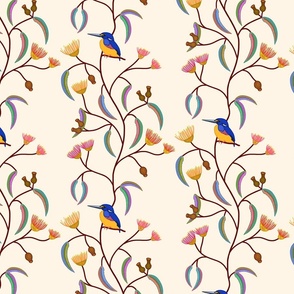 Chateau Chinoiserie (Azure Kingfisher) - cream beige, medium to large 