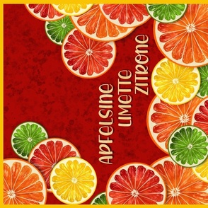 Hand-painted citrus slices on a warm red background
