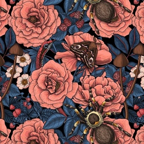 Dream garden, moody flowers and scary animals on dark background, tarantula, moth and snake in the roses