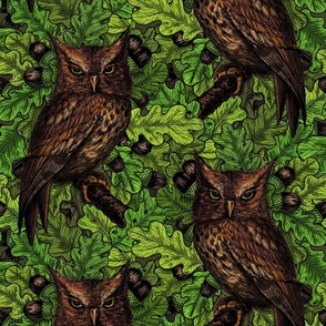 Owls in the oak tree, green and brown