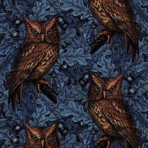Owls in the oak tree, blue and brown, dark and moody forest