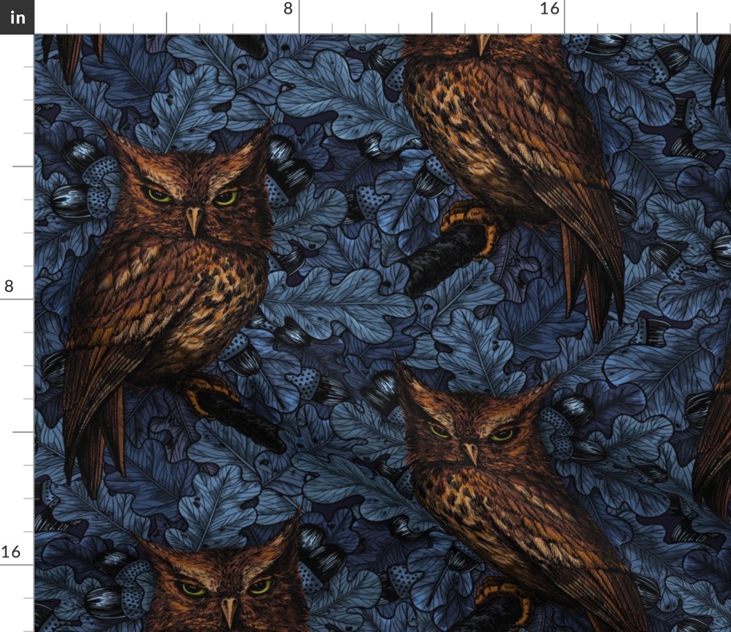 Owls in the oak tree, blue and brown, dark and moody forest