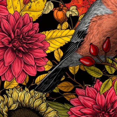 Autumn garden, birds, yellow chrysanthemums, red dahlias and more moody florals on dark background