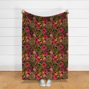 Autumn garden, birds, yellow chrysanthemums, red dahlias and more moody florals on dark background