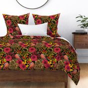 Autumn garden, birds, yellow chrysanthemums, red dahlias and more moody florals on dark background