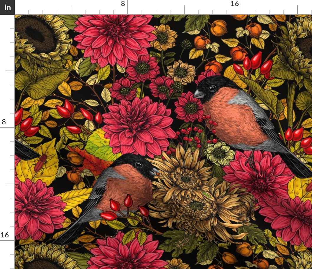 Autumn garden, birds, yellow chrysanthemums, red dahlias and more moody florals on dark background