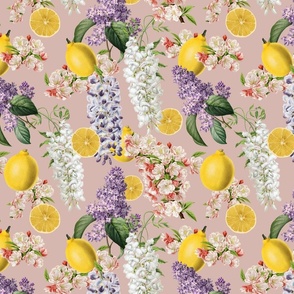 LEMON FLORAL CHINTZ - LEMON LILAC COLLECTION (FADED CORAL)