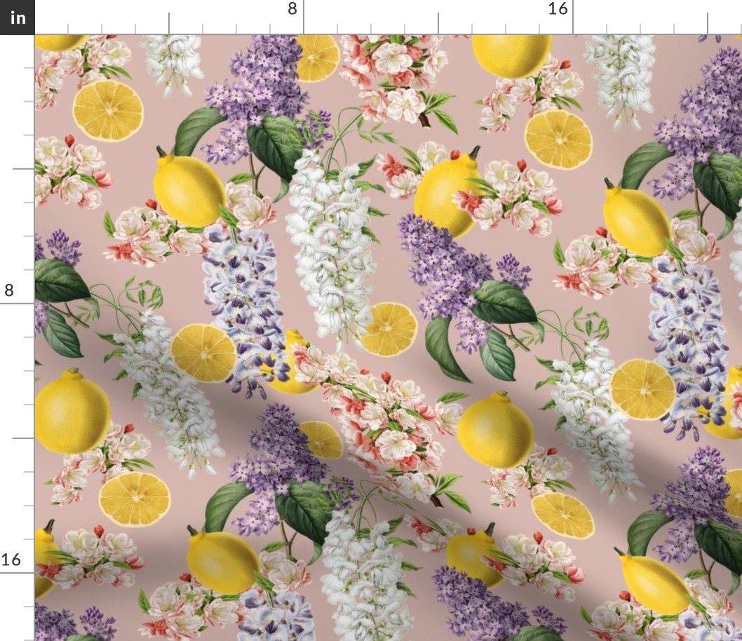 LEMON FLORAL CHINTZ - LEMON LILAC COLLECTION (FADED CORAL)