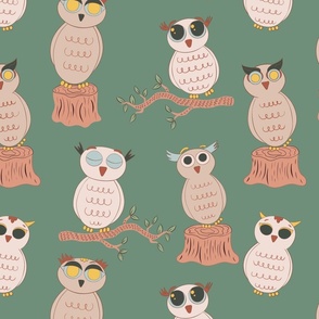 owl, branch, bark, bird, woodland, forest, owl right, green