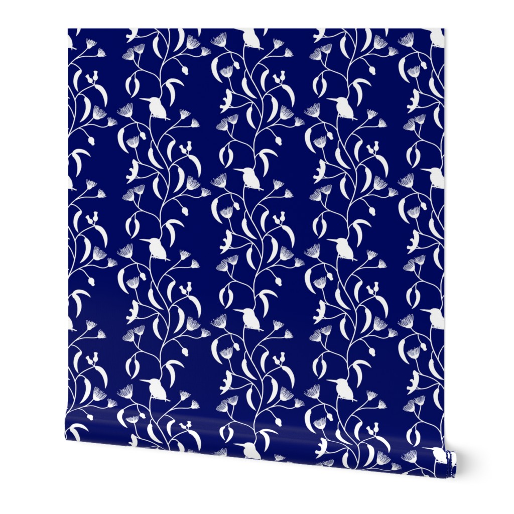 Chateau Chinoiserie (Azure Kingfisher) - white silhouettes on sapphire blue, medium to large 