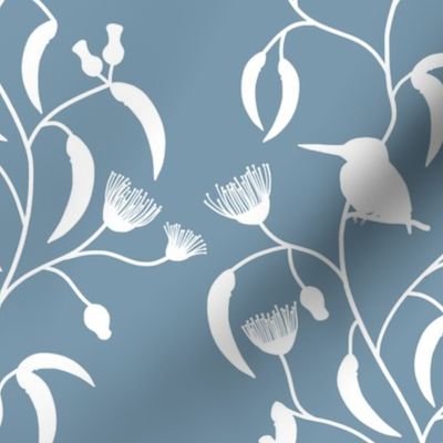 Chateau Chinoiserie (Azure Kingfisher) - white silhouettes on steel blue, medium to large 