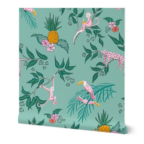 jungle toile/teal green Wallpaper | Spoonflower