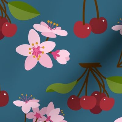 Cherries and Pink Blossoms on Blue