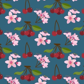 Cherries and Pink Blossoms on Blue