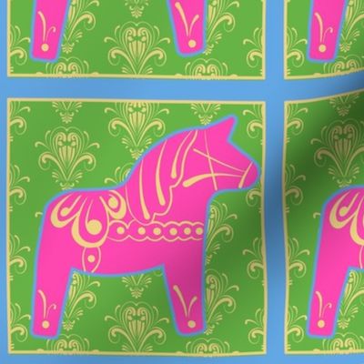 Single Swedish Dala horse with border panel pink blue yellow 6 inch