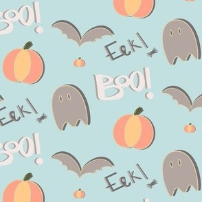 Halloween ghost, pumpkin and spider with words that say Boo and Eek!