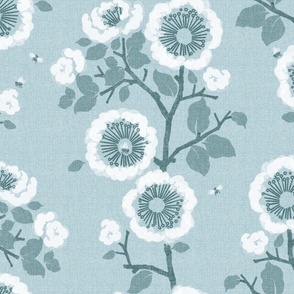 Snow white blooms on soft blue