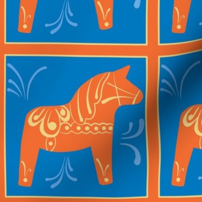 Swedish Dala horse 6 inch panel with border blue orange
