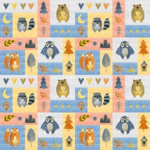 Smaller Scale Woodland Friends Patchwork Fox Owl Bear Raccoon in Yellow Blue Orange and Grey