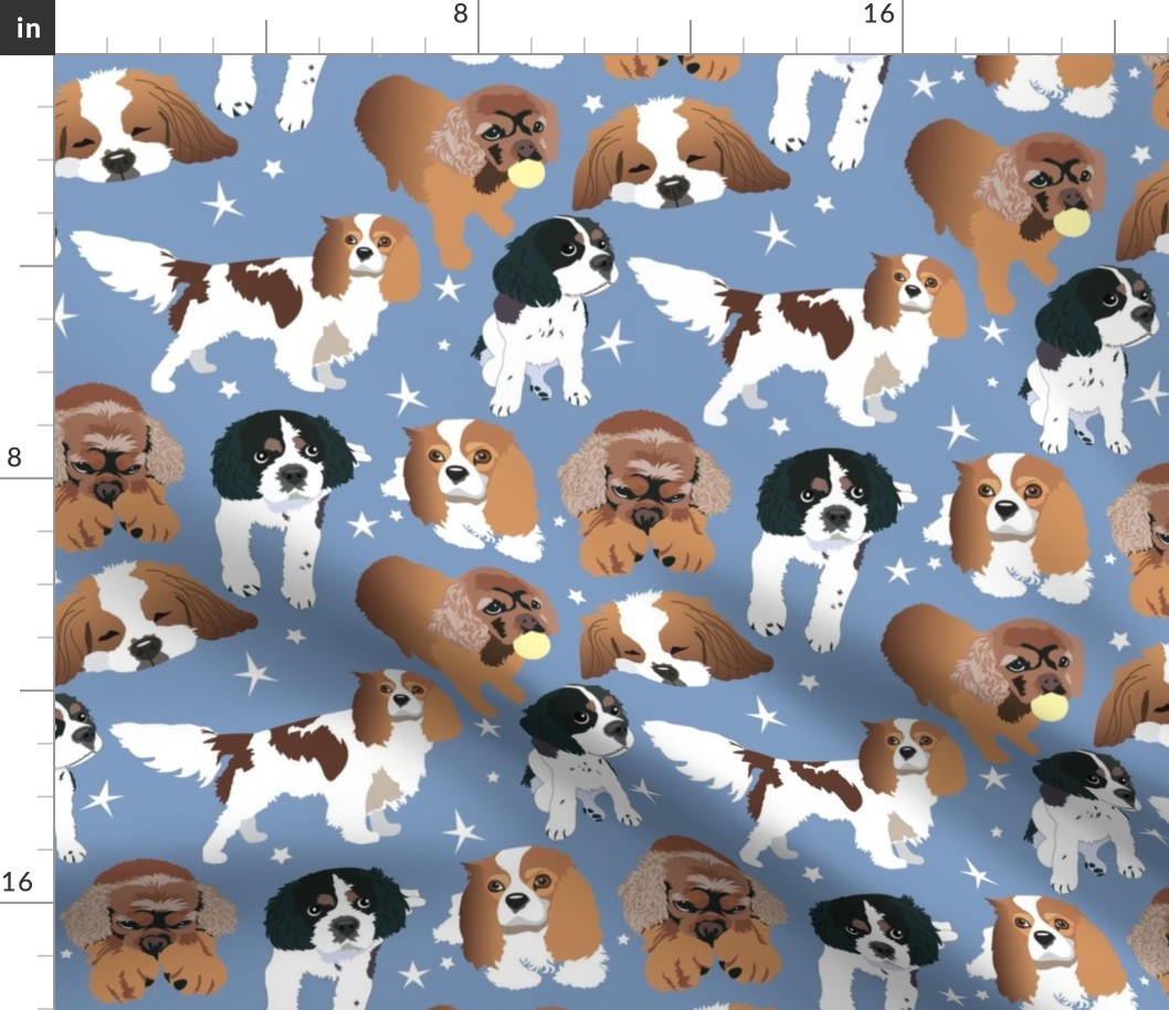 Clavier King Charles Cocker Spaniel Dogs stars and blue background 