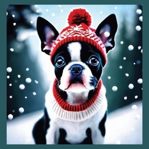 Boston Terrier Dog Snowy with Red hat Christmas snowflake